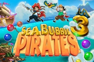 Bir korsan, yanında papağanla birlikte, deniz üzerinde süzülen ve Sea Bubble Pirates 3 yazısının önünde bulunan renkli baloncuklarla çevrili