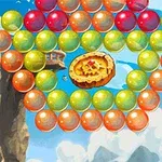 Bir korsan, yanında papağanla birlikte, deniz üzerinde süzülen ve Sea Bubble Pirates 3 yazısının önünde bulunan renkli baloncuklarla çevrili
