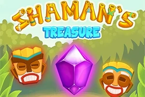 Renkli maskelerle çevrili büyük bir mor kristal ve yukarıda Shamans Treasure yazısı
