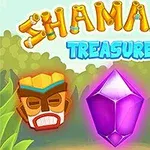 Renkli maskelerle çevrili büyük bir mor kristal ve yukarıda Shamans Treasure yazısı