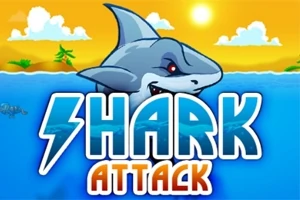 Mavi okyanustan çıkan bir köpekbalığı ve üstünde büyük beyaz ve kırmızı yazılı Shark Attack metni