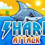 Mavi okyanustan çıkan bir köpekbalığı ve üstünde büyük beyaz ve kırmızı yazılı Shark Attack metni