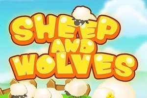 Büyük, renkli harflerle yazılmış Sheep and Wolves yazısının üstünde pofuduk koyunlar ve mavi gökyüzü