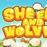Büyük, renkli harflerle yazılmış Sheep and Wolves yazısının üstünde pofuduk koyunlar ve mavi gökyüzü