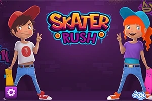 İki genç kaykaycı karakter, biri erkek diğeri kız, mor arka plan önünde barış işareti yapıyor, ortalarında Skater Rush yazısı yer alıyor