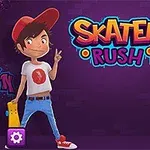 İki genç kaykaycı karakter, biri erkek diğeri kız, mor arka plan önünde barış işareti yapıyor, ortalarında Skater Rush yazısı yer alıyor