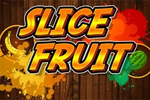 Sarı, turuncu ve kırmızı meyve sıçramalarının önünde Slice Fruit metni