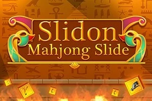 Slidon Mahjong Slide yazılı ortaçağ temalı bir arka plan ve üzerinde semboller bulunan kare taşlar