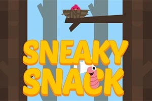 Renkli Sneaky Snack yazısının altında bir dalda yuva ve pembe bir kuş yavrusu, yazının içinde gülümseyen bir solucan