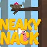 Renkli Sneaky Snack yazısının altında bir dalda yuva ve pembe bir kuş yavrusu, yazının içinde gülümseyen bir solucan