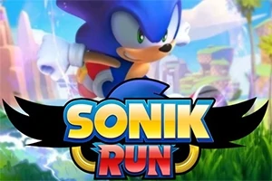 Mavi bir kirpi karakteri koşarken, arka planda renkli doğa manzarası yer alıyor ve Sonik Run yazısı önde bulunuyor