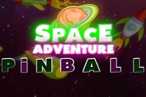 Uzay temalı bir arka plan üzerinde büyük harflerle SPACE ADVENTURE PINBALL yazısı ve çevresinde roketler