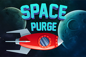 Uzayda, iki gezegenin önünde kırmızı bir uzay gemisi ve üstte büyük harflerle SPACE PURGE yazısı