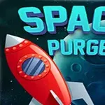 Uzayda, iki gezegenin önünde kırmızı bir uzay gemisi ve üstte büyük harflerle SPACE PURGE yazısı