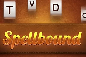 Kahverengi bir arka plan üzerinde büyük harflerle Spellbound yazısı ve üzerlerinde T, V, D, O harflerinin bulunduğu kare kutucuklar