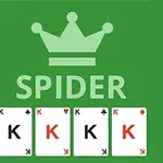 Yeşil arka planda büyük bir taç ve Spider yazısı, altında dört adet K harfli iskambil kartı
