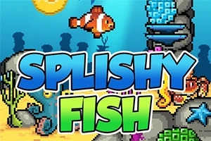 Piksel tarzı deniz altında mercanlar, balıklar ve renkli grafiklerle Splishy Fish yazısı