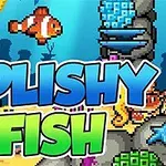 Piksel tarzı deniz altında mercanlar, balıklar ve renkli grafiklerle Splishy Fish yazısı