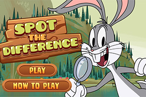 Çizgi film karakteri elinde büyüteç tutarken arka planda orman manzarası ve Spot The Difference yazısı bulunuyor