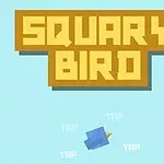 Kare şeklinde mavi bir kuş açık mavi bir arka planda aşağı doğru uçuyor; üzerinde büyük sarı harflerle SQUARY BIRD yazıyor
