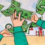 Yeşil kağıt paralarını havaya savuran mavi kollu eller ve arka planda pembe kıyafetli iki kişi