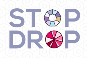 Beyaz zemin üzerinde STOP DROP yazısı ve yuvarlak şekiller