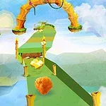 Gökyüzünde, bulutların üzerinde uzanan yeşil bir yol ve yolda sevimli turuncu bir top