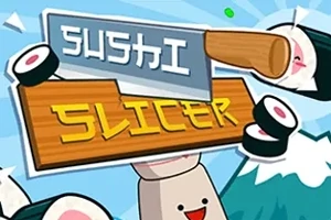 Sushi parçalarının etrafında uçuştuğu eğlenceli bir grafikle kesici bıçağın üzerinde Sushi Slicer yazısı