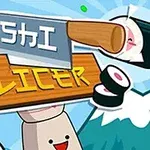 Sushi parçalarının etrafında uçuştuğu eğlenceli bir grafikle kesici bıçağın üzerinde Sushi Slicer yazısı