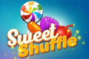Mavi arka plan üzerinde bir lolipop, mor meyve, portakal ve kiraz resminin yanında Sweet Shuffle yazısı