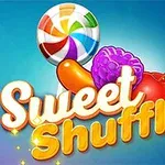 Mavi arka plan üzerinde bir lolipop, mor meyve, portakal ve kiraz resminin yanında Sweet Shuffle yazısı