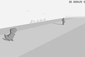 Piksel tarzında bir dinozor, gri zeminde bir çöl ortamında kaktüslerin arkasında ilerliyor