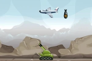 Dağlık bir arka plana karşı, yeşil bir tankın üstünde uçağın bombasıyla havada bir savaş uçağı