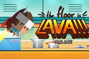 Karakter, mutfak arka planında sırtında bir roketle havada süzülüyor; ön planda büyük, renkli the floor is LAVA!