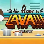 Karakter, mutfak arka planında sırtında bir roketle havada süzülüyor; ön planda büyük, renkli the floor is LAVA!