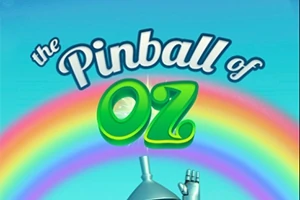 Mavi bir arka planda The Pinball of Oz yazısı, gökkuşağı ve metal bir kol görüntüsü