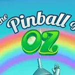 Mavi bir arka planda The Pinball of Oz yazısı, gökkuşağı ve metal bir kol görüntüsü