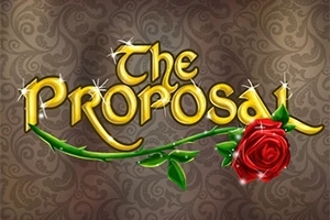 Altın sarısı parlak harflerle The Proposal yazısı ve üzerinde kırmızı bir gül olan desenli bir arka plan