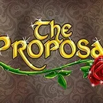Altın sarısı parlak harflerle The Proposal yazısı ve üzerinde kırmızı bir gül olan desenli bir arka plan