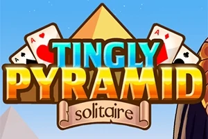 Kart desteleri ve piramitler içeren, Tingly Pyramid Solitaire yazılı grafik tasarım