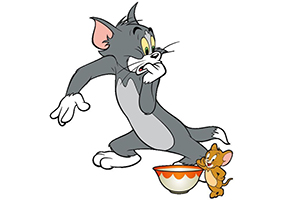 Bir kase yanında duran gri bir kedi ve kahverengi bir fare