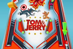Tom ve Jerry karakterleri, hedefler ve patlama efektleriyle dolu renkli ve hareketli bir langırt masasında gösteriliyor