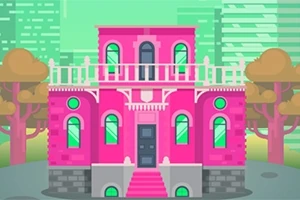 Pembe renkte, çatı katı olan, büyük pencereli bir bina ve etrafında ağaçlar bulunan bir şehir manzarası