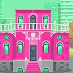Pembe renkte, çatı katı olan, büyük pencereli bir bina ve etrafında ağaçlar bulunan bir şehir manzarası