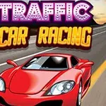 Kırmızı bir spor araba, arka planda düz bir yol üzerinde ilerliyor, üstte Traffic Car Racing yazısı bulunuyor