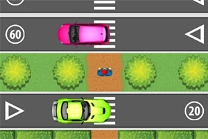 Pembe ve yeşil arabaların bulunduğu yol, ortasında ağacın yanında bir yaya geçidi