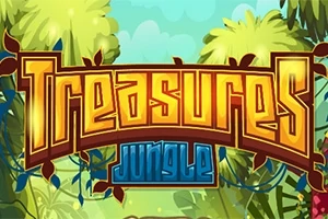Renkli yapraklar ve bitkilerle çevrili, büyük ve dikkat çekici Treasures Jungle yazısı