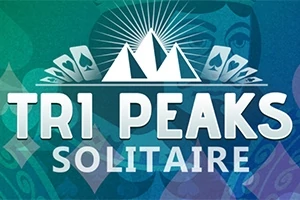Yeşil ve mor zemin üzerinde kartlarla çevrili beyaz dağ simgesi ve büyük harflerle TRI PEAKS SOLITAIRE yazısı
