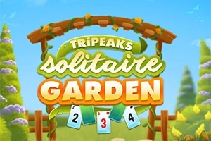 Ahşap bir kemer ve çiçeklerle süslenmiş girişin altında Tripeaks Solitaire Garden yazısı ile kartlar