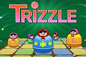 Yeşil bir arka plan üzerinde renkli desenli matruşka bebekler ve büyük kırmızı harflerle Trizzle yazısı